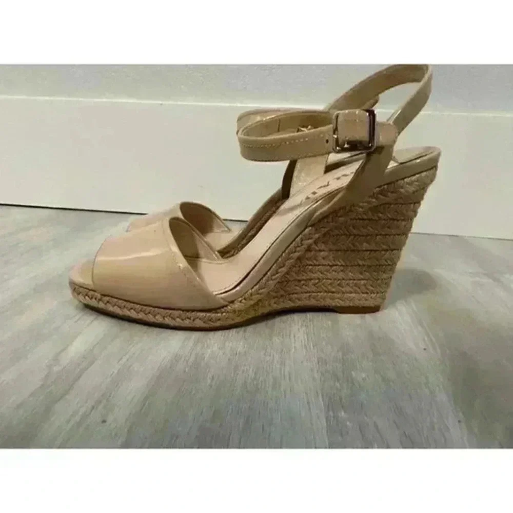 Prada Beige Patent Leather Espadrille Platform Wedge Ankle Strap Sandals Size 37